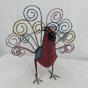 Beadworx Beaded Peacock Figurine Wire and Bead Art Freestanding Bird